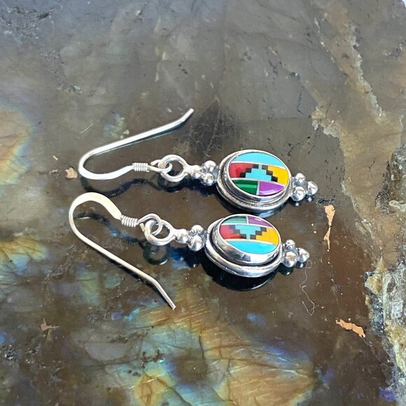 Sterling Silver 925 Southwest Style Turquoise Coral Malachite Dangle Earrings - Picture 12 of 16